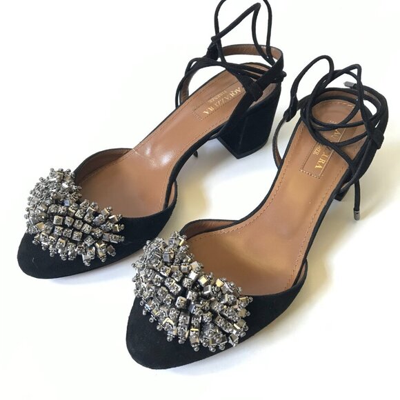 Aquazzura Monaco Pumps 50 Heels Womens 37 7 Black Suede Crystals Lace Up Sandals - Picture 6 of 12